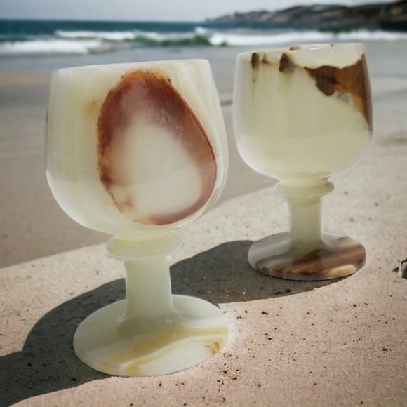 Vintage Onyx Marble Natural Stone Wine Glass Goblets- Set of Two - Picture 8 of 16